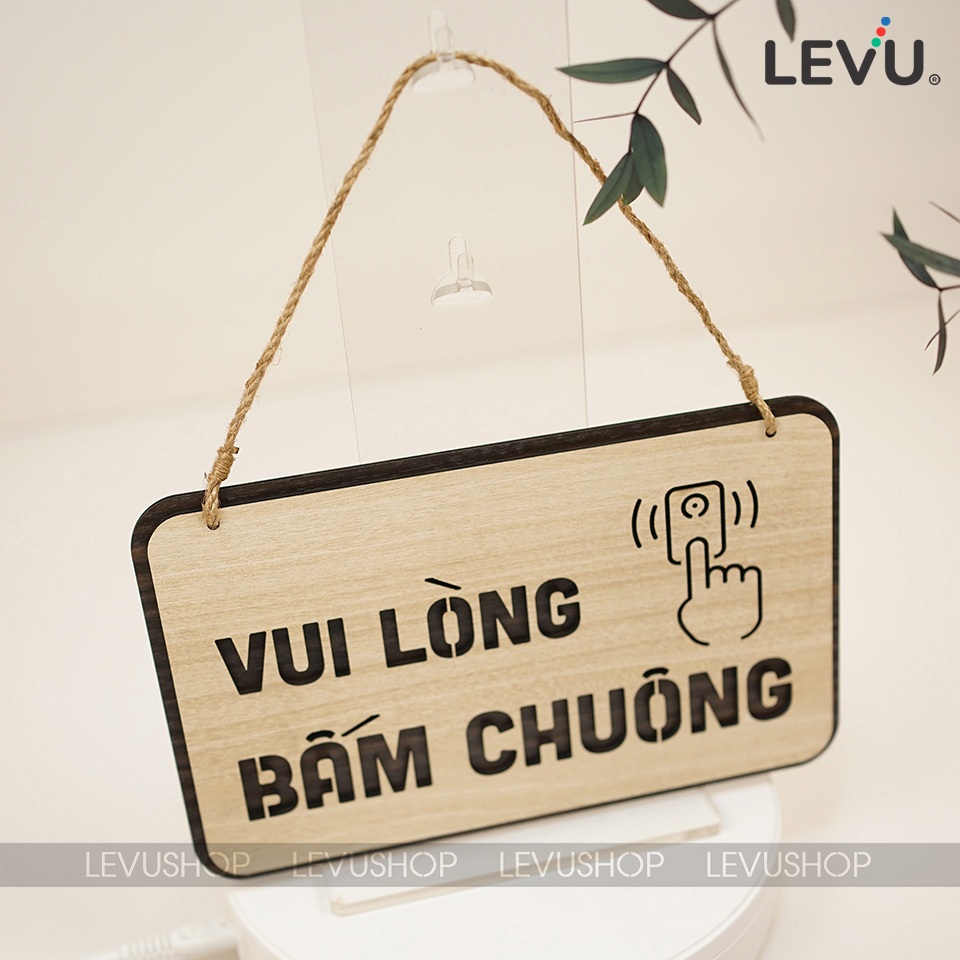 Bảng gỗ treo vui lòng bấm chuông trang trí cửa LEVU-BG40