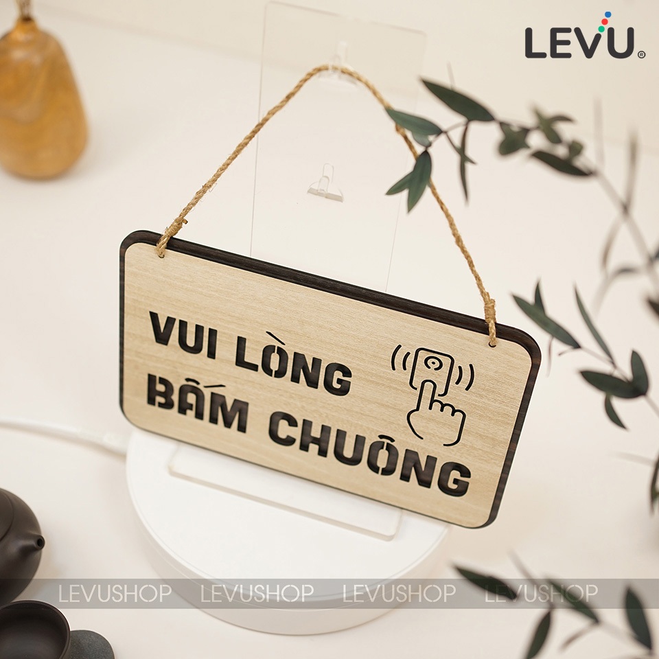 Bảng gỗ treo vui lòng bấm chuông trang trí cửa LEVU-BG40