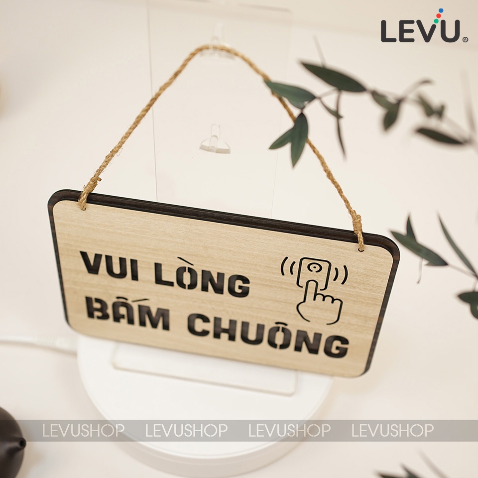 Bảng gỗ treo vui lòng bấm chuông trang trí cửa LEVU-BG40