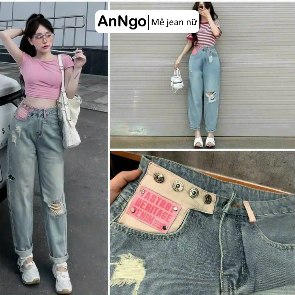 Quần baggy jean nữ ống suông rách gối cực cá tính Anngo - AT351