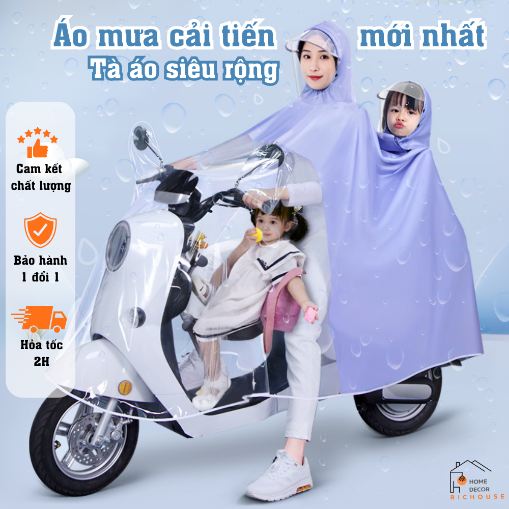 Áo mưa tà áo siêu rộng, nửa trước trong suốt chất liệu PVC siêu dai chống rách,tấm chắn kính che kín
