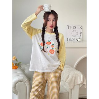 Sét Bộ mặc nhà Quần dài caro, Áo dài tay phối màu in hình, Bộ mặc nhà Nữ Thu Đông chất Cotton xược