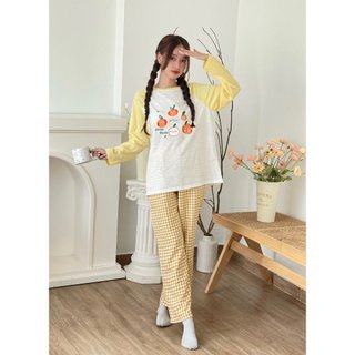 Sét Bộ mặc nhà Quần dài caro, Áo dài tay phối màu in hình, Bộ mặc nhà Nữ Thu Đông chất Cotton xược
