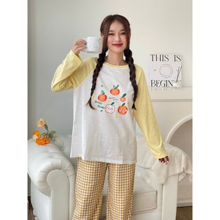 Sét Bộ mặc nhà Quần dài caro, Áo dài tay phối màu in hình, Bộ mặc nhà Nữ Thu Đông chất Cotton xược