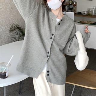 Áo cardigan len mịn chất mềm form rộng dáng trơn basic 2 màu kem xám cúc đôi bo viền hàn quốc DELIZ