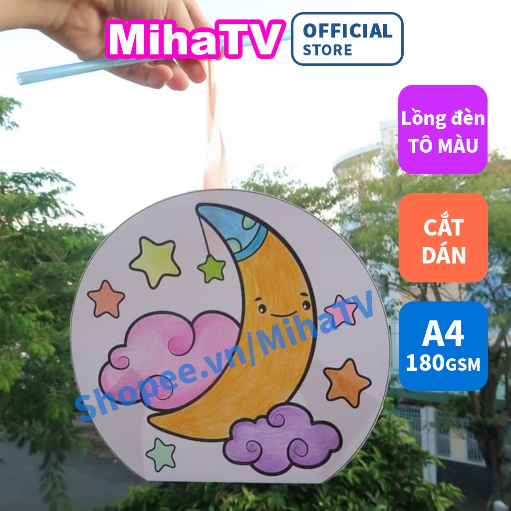 Lồng đèn trung thu STEAM tự tô màu cắt dán, kèm ruy băng | MihaTV mỹ thuật sáng tạo | A4 180gsm
