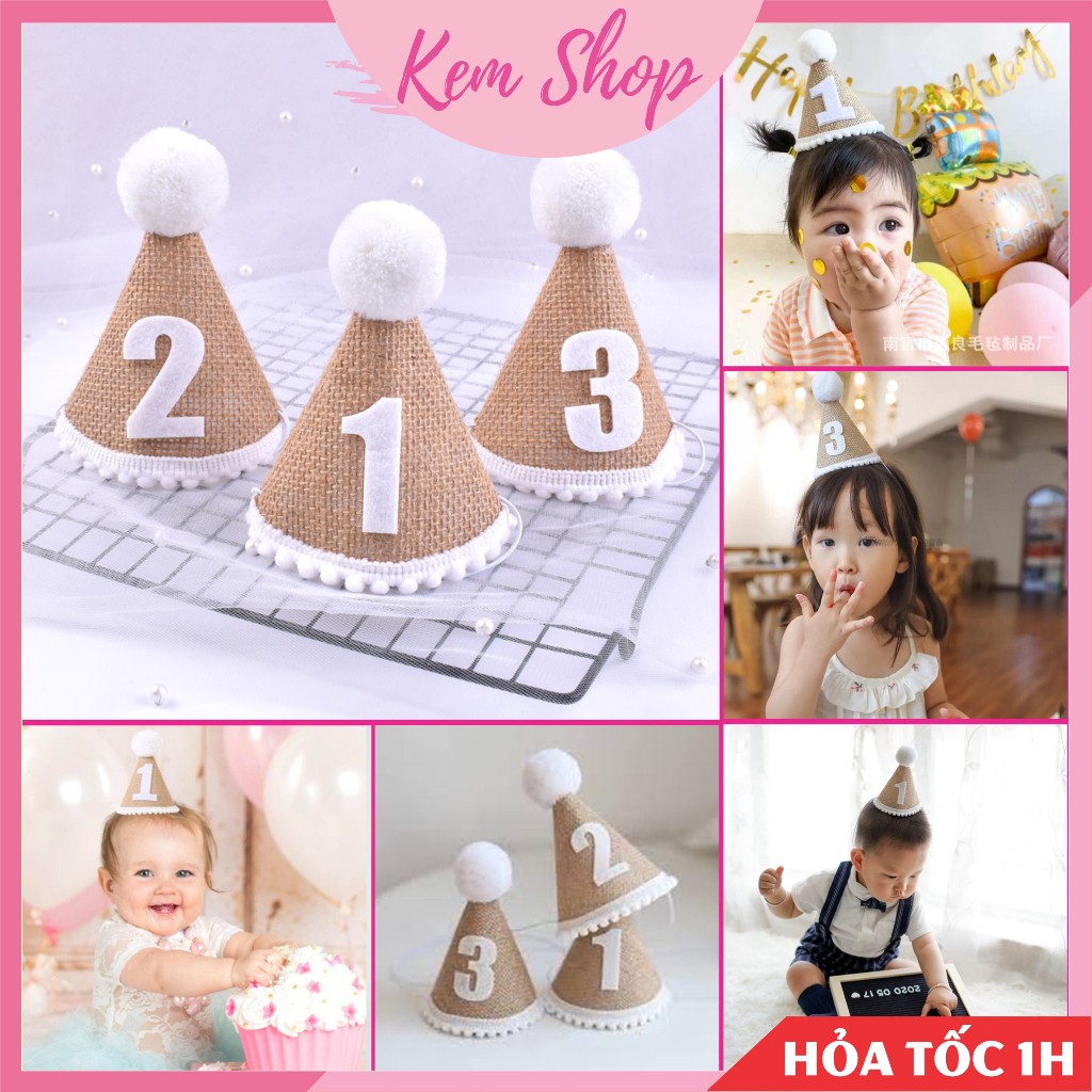 Mũ sinh nhật vải cói nâu 3D Hàn Quốc, mũ cói sinh nhật vintage dễ thương - Kemshop K12