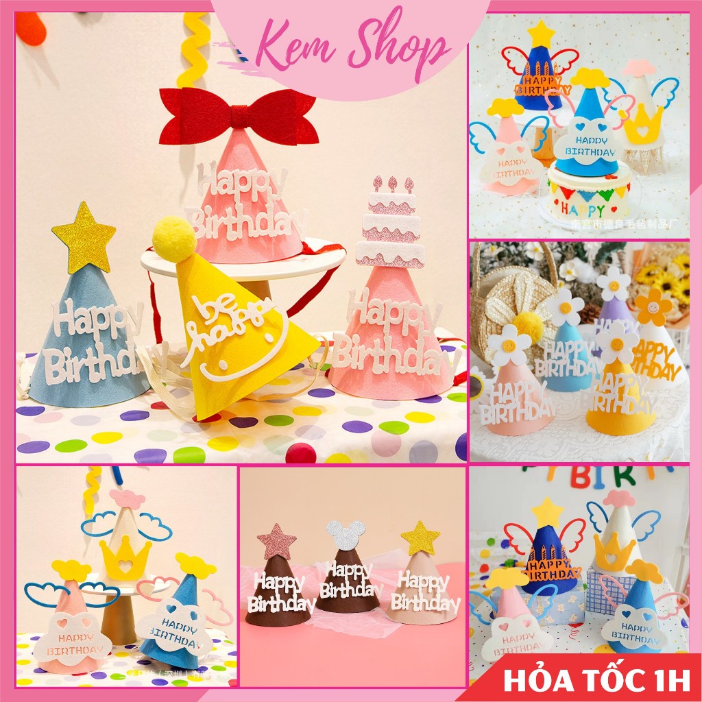 Mũ sinh nhật Hàn Quốc, mũ Happy Birthday vải dạ 3D nhiều mẫu dễ thương - Kem Shop K28