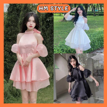 Váy cổ yếm tay phồng trễ vai, váy trễ vai tay áo rời phong cách tiểu thư sang chảnh HV42 HMStyle