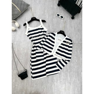 Set Váy Kẻ Đen Trắng Thêu Balamann Đầm Kẻ 2 Dây Ôm Body Mix Áo Khoác Cadigan Dài Tay Freesize