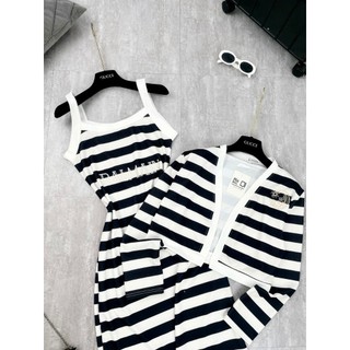 Set Váy Kẻ Đen Trắng Thêu Balamann Đầm Kẻ 2 Dây Ôm Body Mix Áo Khoác Cadigan Dài Tay Freesize