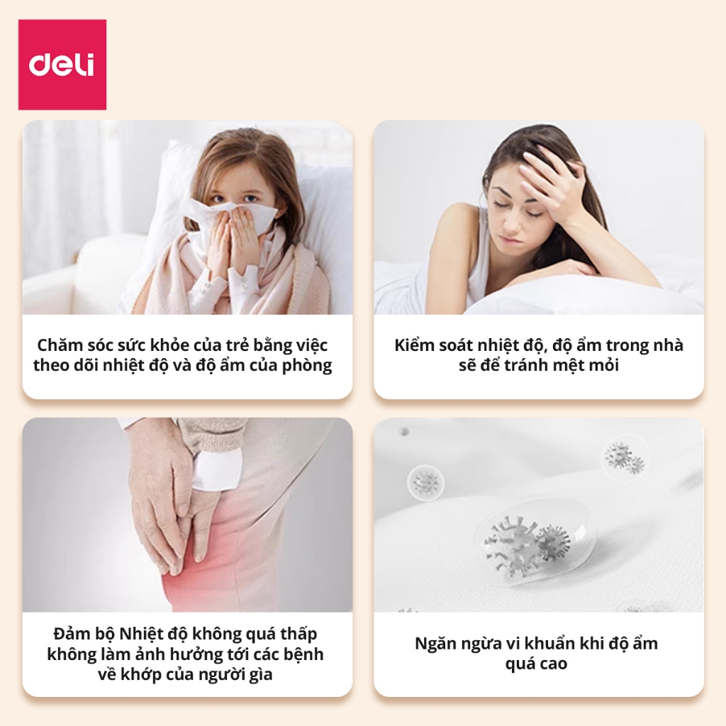 Đồng Hồ Báo Thức Tích Hợp Nhiệt Kế Deli đo nhiệt độ, độ ẩm phòng ngủ cho bé chính xác