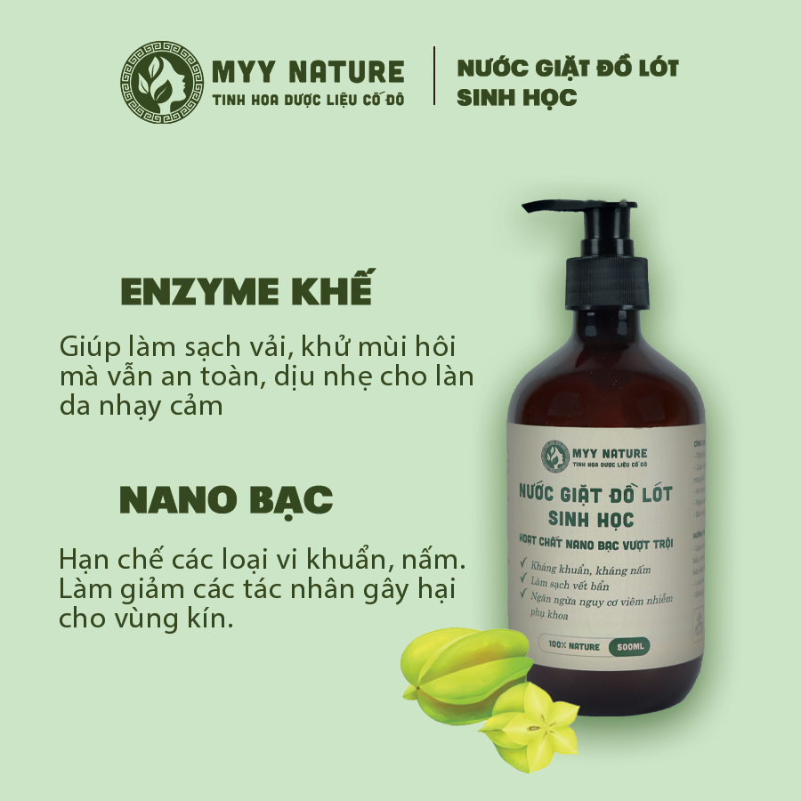 Nước Giặt Đồ Lót Sinh Học chai 500ml - Myy Nature - Diệt Khuẩn, Kháng Nấm Chuyên Sâu Cho Đồ Lót