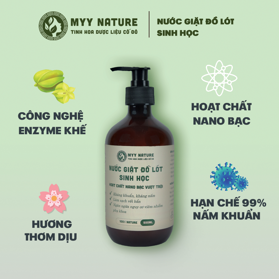 Nước Giặt Đồ Lót Sinh Học chai 500ml - Myy Nature - Diệt Khuẩn, Kháng Nấm Chuyên Sâu Cho Đồ Lót