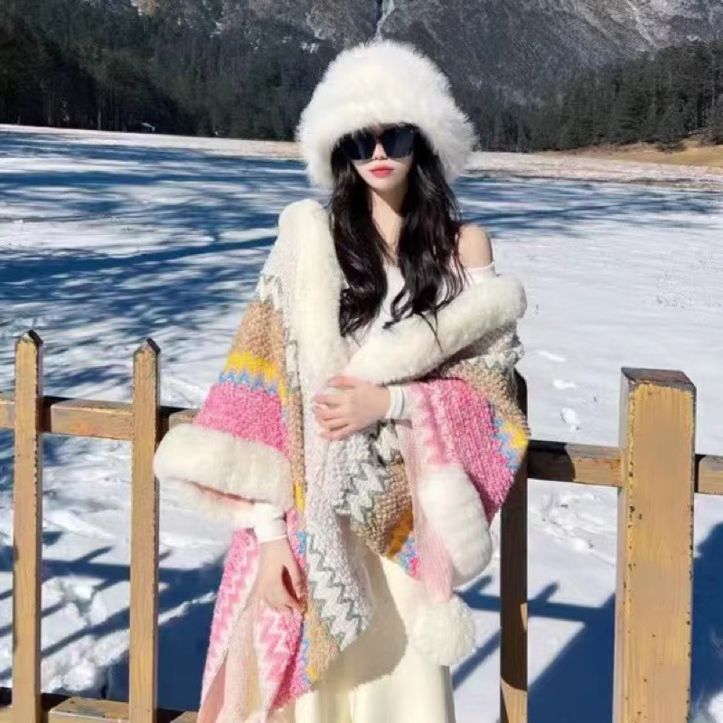 Áo Choàng Thổ Cẩm Bohemian Viền Lông Thời Trang Nữ Thổ Cẩm Kèm Ảnh Thật