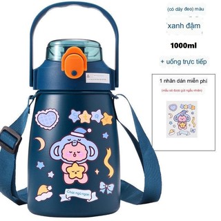 Bình nước giữ nhiệt 1000ml inox 304, có ống hút và nấp bật đậy kín giữ nhiệt đến 10h có tặng sticker, quai đeo cho bé