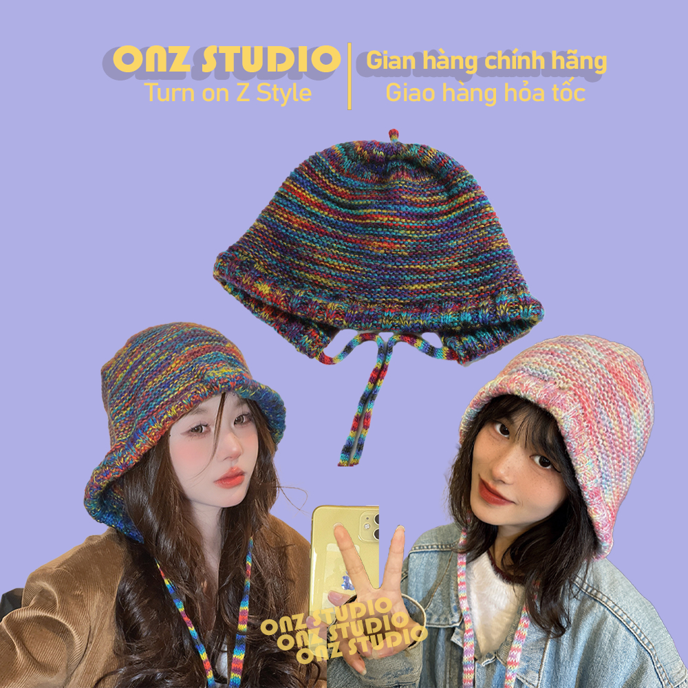 Mũ len cầu vồng, nón len vintage retro, mũ len nữ giữ ấm, nón len thổ ...