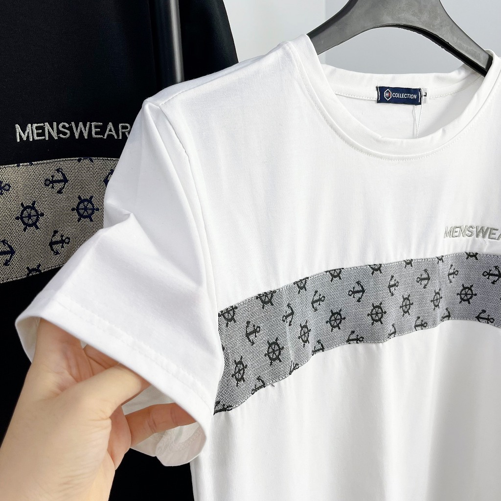 [HKT.8] Áo Phông Nam Cổ tròn 2 màu trắng đen basic logo thêu vải cotton mịn co dãn thoáng mát