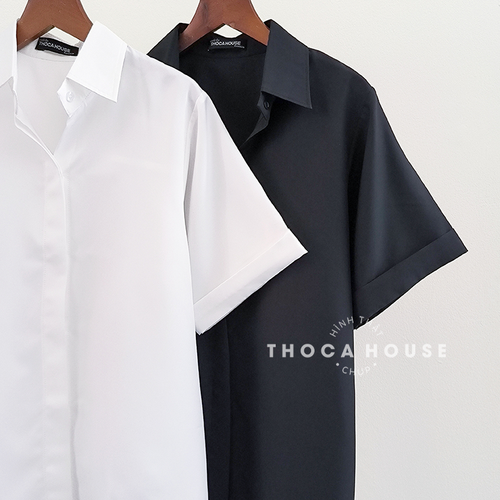 Ảnh Áo sơ mi công sở nữ trắng, đen săn tay ngắn giấu nút THOCA HOUSE vải lụa thoải mái, mát mẻ 3