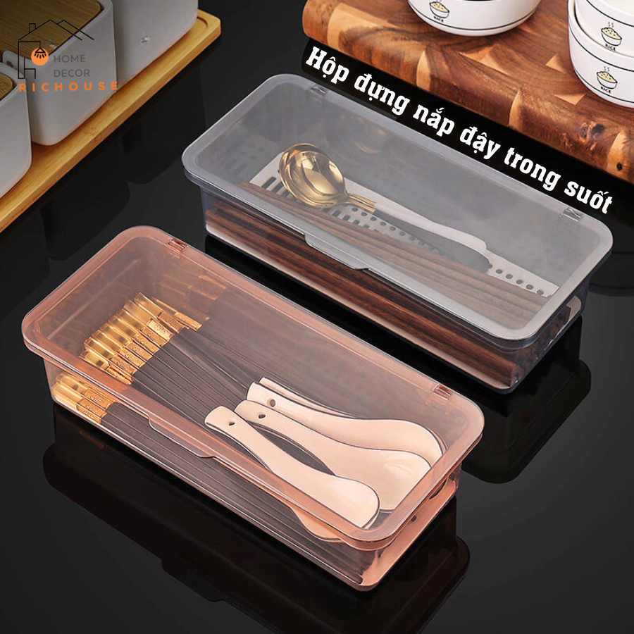 Hộp đựng đũa thìa có nắp đậy, hộp đựng đồ dùng đa năng đựng khẩu trang,cọ trang điểm