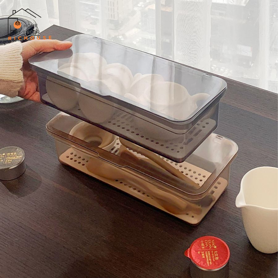 Hộp đựng đũa thìa có nắp đậy, hộp đựng đồ dùng đa năng đựng khẩu trang,cọ trang điểm