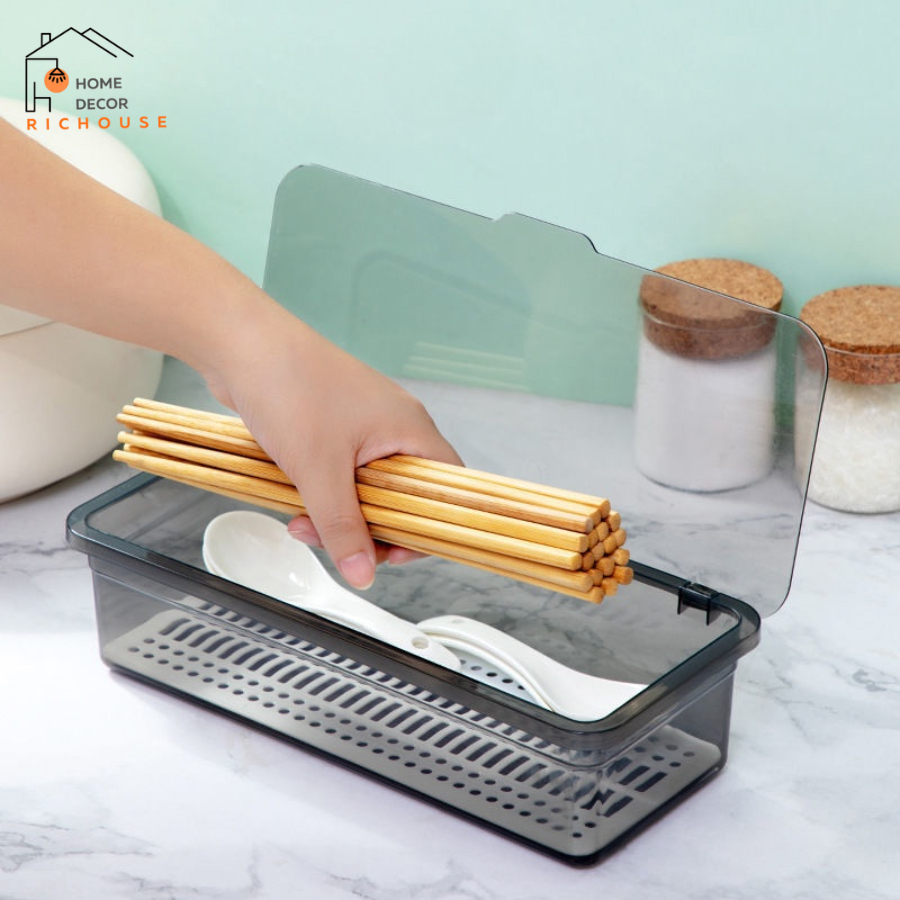 Hộp đựng đũa thìa có nắp đậy, hộp đựng đồ dùng đa năng đựng khẩu trang,cọ trang điểm