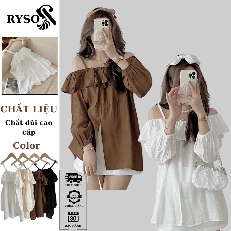 Áo kiểu trễ vai viền bèo xẻ 2 dây RYSO FASHION điều chỉnh bo tay chất đũi đẹp form xinh spe