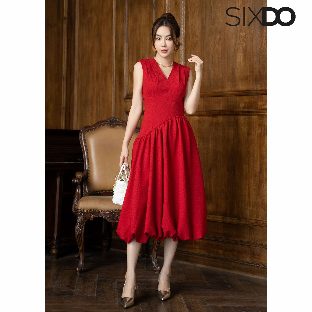 Đầm sát nách cổ V xòe bồng thời trang SIXDO Dark Red V-neck Midi Woven Dress