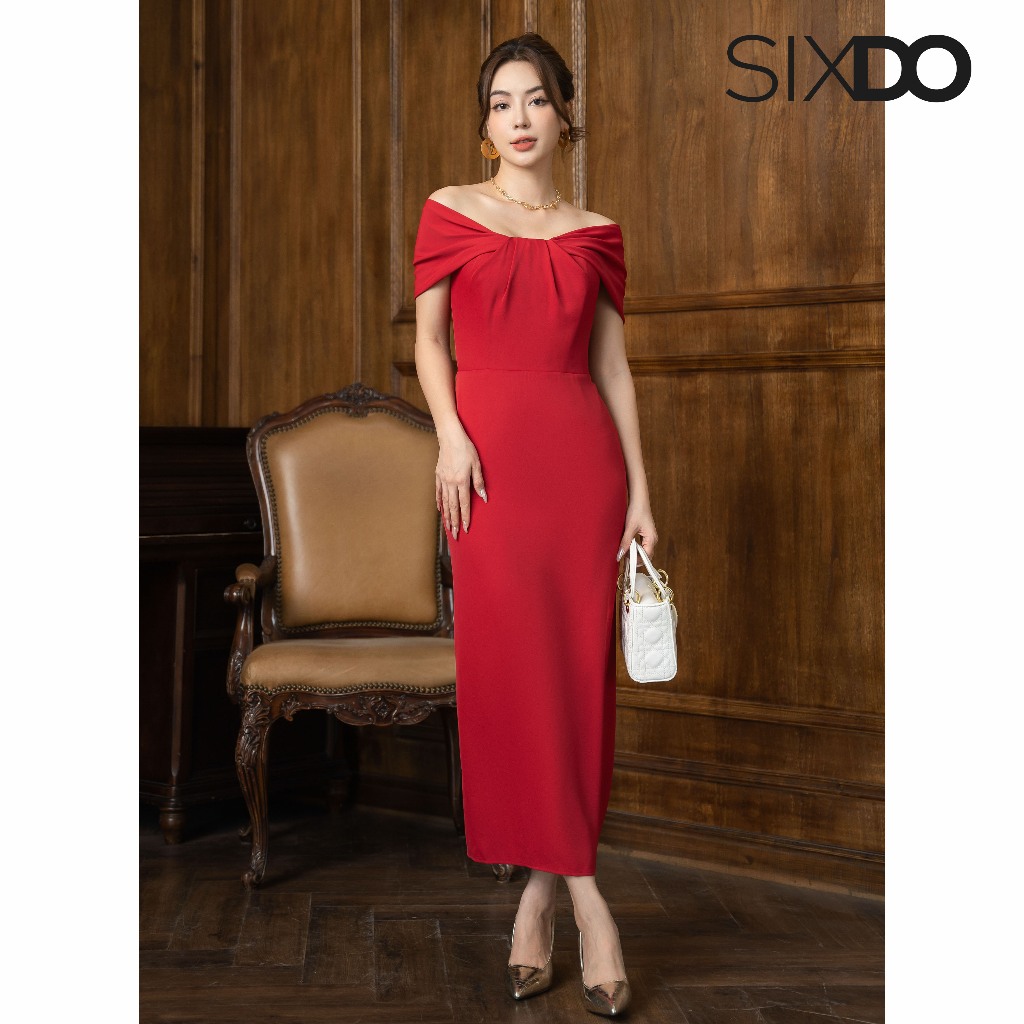 Đầm lụa ôm midi đỏ thời trang SIXDO Dark Red Draped Sleeves Midi Silk Dress