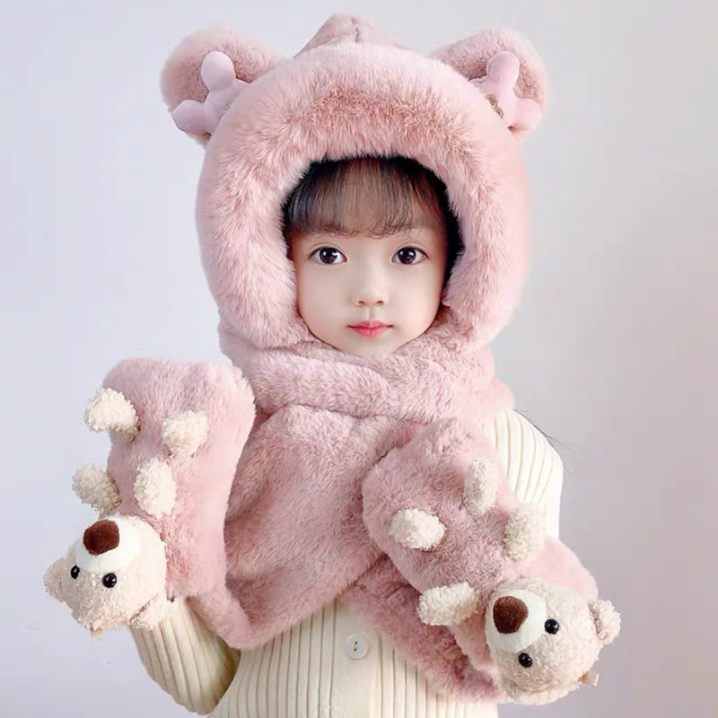 Mũ trẻ em 3in1 trùm đầu cuốn cổ đút tay gắn gấu dễ thương cho bé 3-8 tuổi