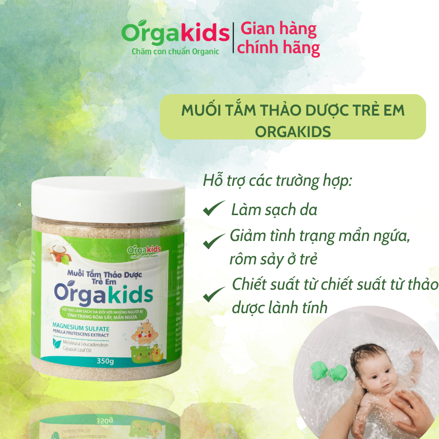 Muối tắm CẬN DATE thảo dược cao cấp cho bé Orgakids   hiệu quả nhanh với rôm sẩy, mẩn ngứa- hộp 350g