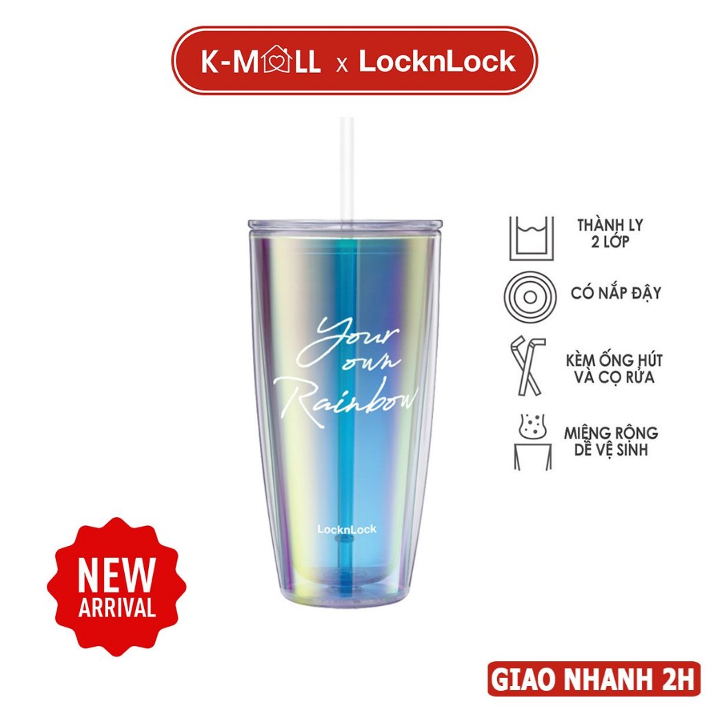 Ly nhựa 2 lớp LocknLock Rainbow double wall cold cup HAP507 Màu Trắng kèm ống hút và cọ rửa - K-MALL