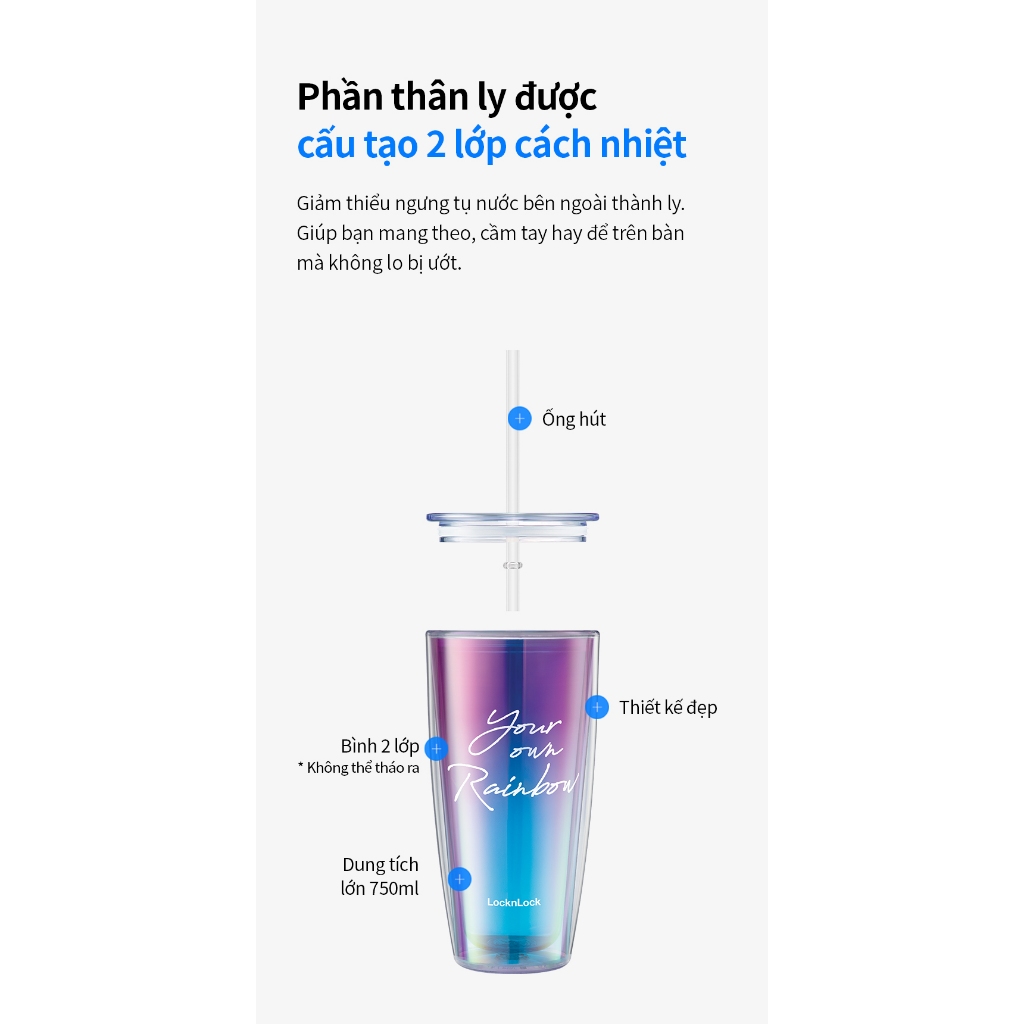 Ly nhựa 2 lớp LocknLock Rainbow double wall cold cup HAP507 Màu Trắng kèm ống hút và cọ rửa - K-MALL