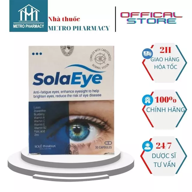 Viên uống bổ mắt SolaEye-Giúp sáng mắt, giảm khô mắt mỏi mắt, ngăn ngừa thoái hóa điểm vàng-Nhập khẩu Châu Âu-Hộp 30 vên