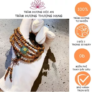 Vòng tay thời trang trầm hương INDO 6 ly 108 hạt mix charm cỏ 4 lá xu vàng-Trầm Hương Hội An.