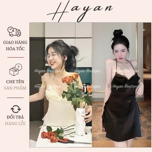 HT60 Váy ngủ sexy phối hoạ tiết sang chảnh kèm đệm lót, đồ ngủ lụa phối ren gợi cảm HT60