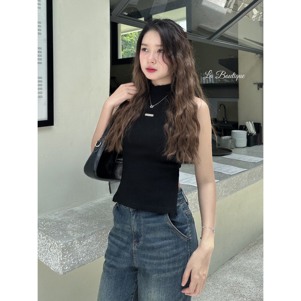 Croptop cổ lọ hở lưng La Boutique ôm gọn body tôn dáng vải co giãn 4 chiều