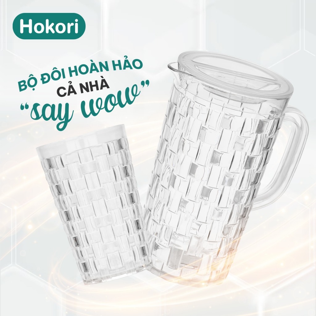 Ca mây đan 2000ml Hokori 6099, Bình đựng nước trong suốt 2L Việt Nhật cao cấp, Bình trà đá, trà chanh nhựa