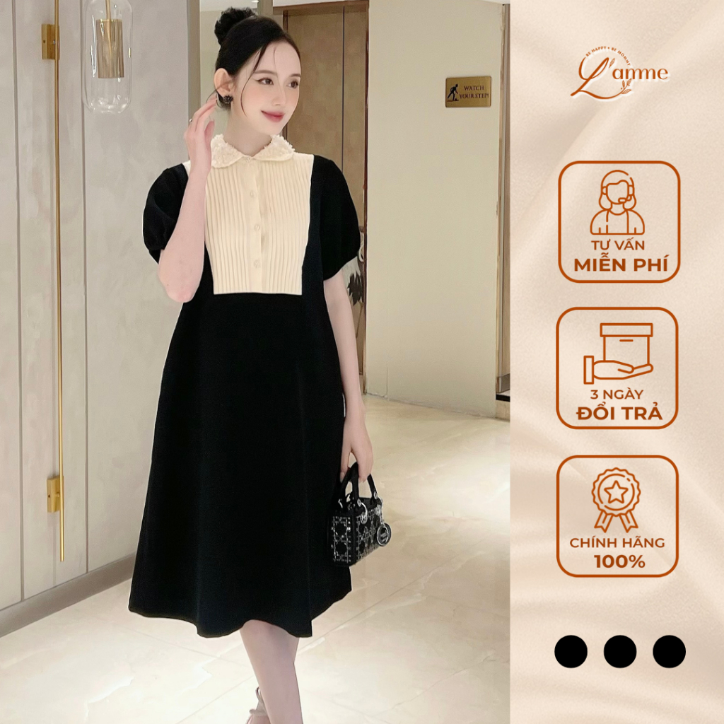 Váy bầu STELLA DRESS phối cổ ren đính hoa, yếm dập li kiểu dáng basic giấu bụng thiết kế by L’amme