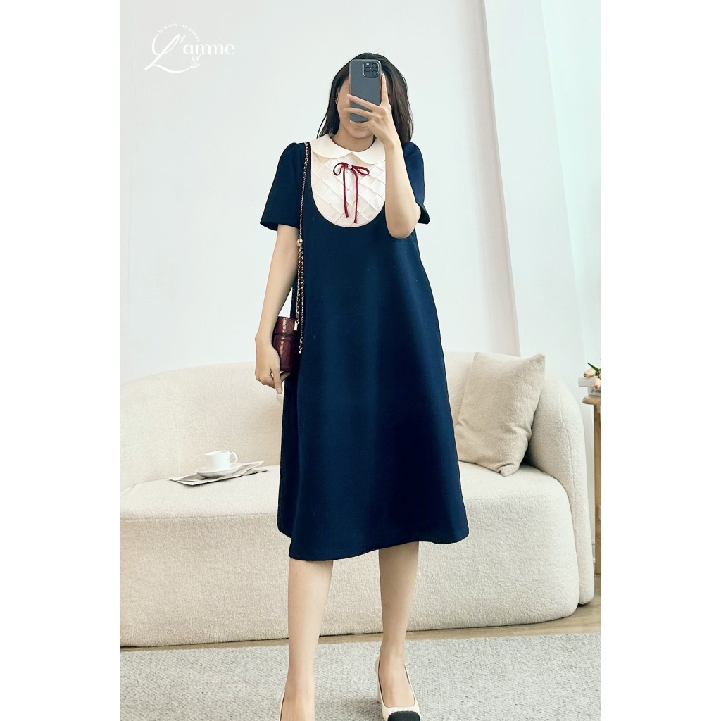 Ảnh Váy bầu RUBIE DRESS phối nơ đính, yếm hình đan chéo kiểu dáng basic giấu bụng thiết kế by L'amme 1