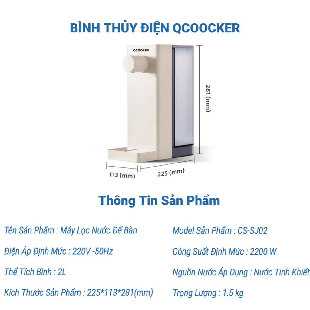 Product image Bình thủy điện máy nước nóng để bàn Xiaomi QCOOKER CS-SJ02 công suất 2200W dung tích 2L, 6 mức nhiệt, khóa an toàn 3