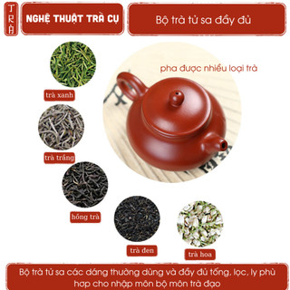 Bộ trà tử sa đầy đủ dáng hình lê ấm tống ly hộp gấm bảo quản sản phẩm tốt và biếu tặng tinh tế