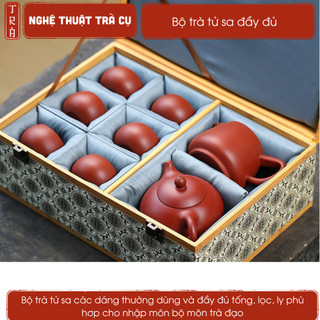Bộ trà tử sa đầy đủ dáng hình lê ấm tống ly hộp gấm bảo quản sản phẩm tốt và biếu tặng tinh tế
