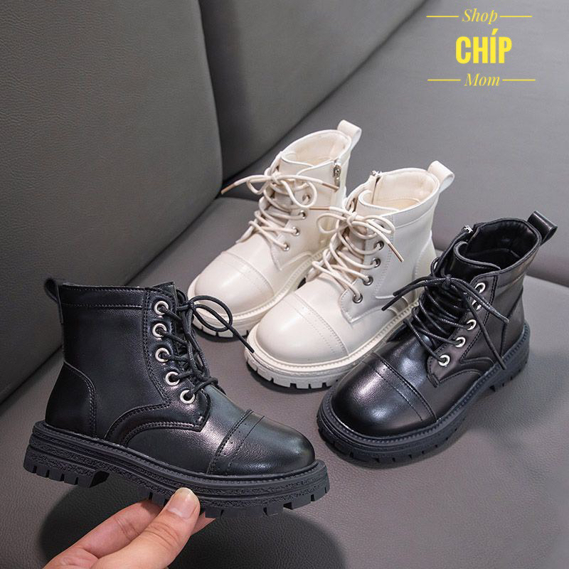 giày cổ cao bé trai bốt cho bé gái da bóng dây buộc cá tính đi nhảy đi chơi êm chân chống trượt QCCC có hộp 666