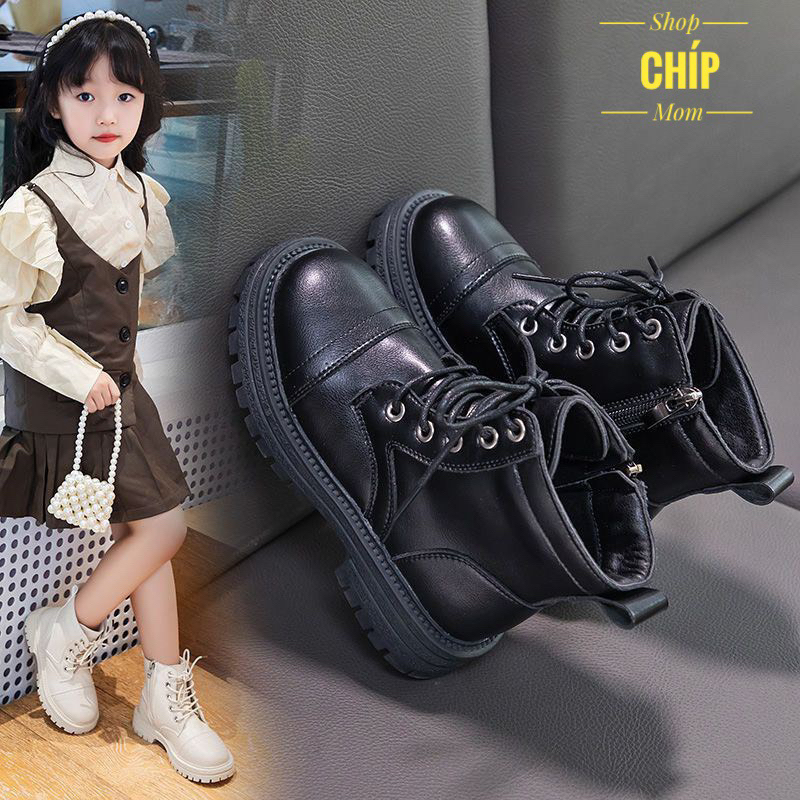 giày cổ cao bé trai bốt cho bé gái da bóng dây buộc cá tính đi nhảy đi chơi êm chân chống trượt QCCC có hộp 666