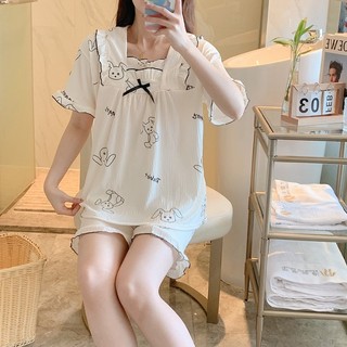 Bộ Đồ Ngủ Cotton Tay Ngắn Họa tiết Hoạt Hình Dễ Thương Cho Nữ