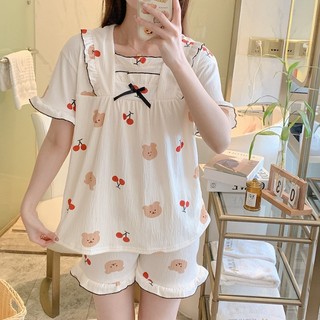 Bộ Đồ Ngủ Cotton Tay Ngắn Họa tiết Hoạt Hình Dễ Thương Cho Nữ