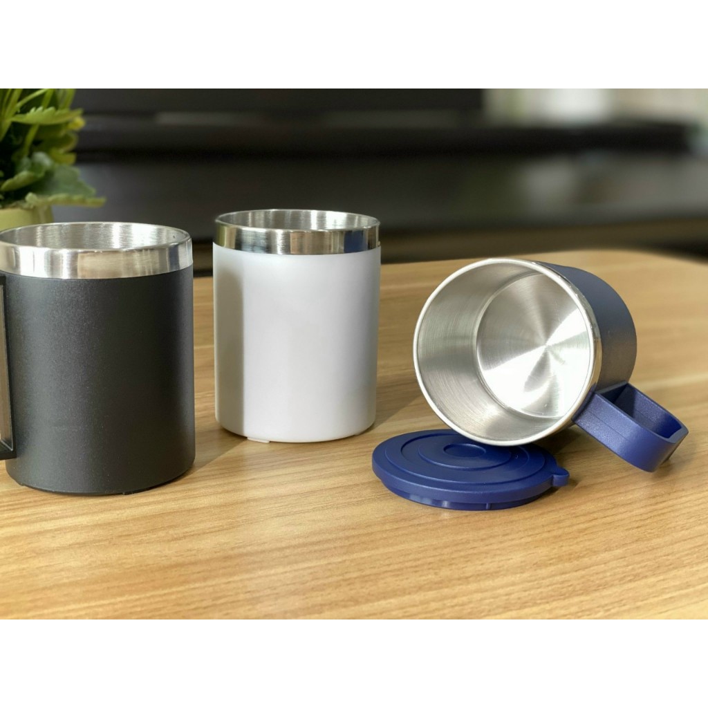 cốc inox/ly inox bọc nhựa 220ml có quai kèm nắp | Shopee Việt Nam