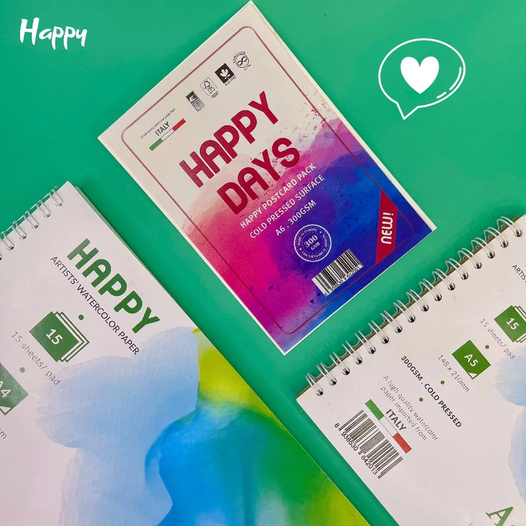Sổ, Giấy Vẽ Happy Vẽ Màu Nước, Màu Gouache, Acrylic - Định Lượng 300GSM