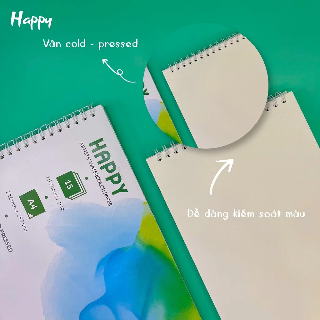 Sổ, Giấy Vẽ Happy Vẽ Màu Nước, Màu Gouache, Acrylic - Định Lượng 300GSM